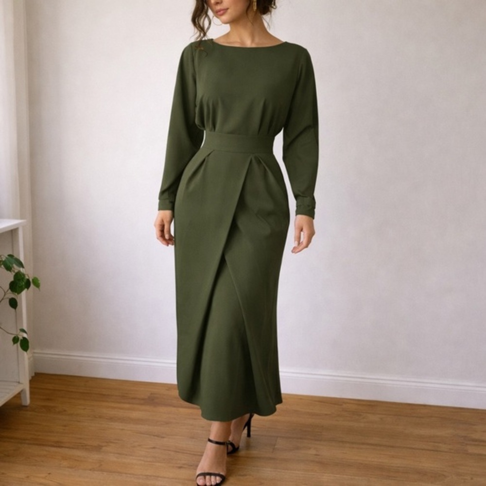 BGL‎ Olive Green Sculptural Midi Dress XXS Minimalist Quiet Luxury Modern